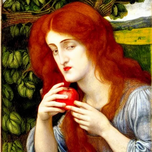 Prompt: Woman eating apple in painting by Rossetti in Pre-Raphaelite style