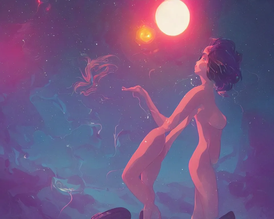 Image similar to beautiful seductive girl standing in a lake basking in the moonlight, using magic, under a multi-colored binary blackhole with an accretion disc, glowing trails following her arms, wearing professional makeup, acidwave, by Lois van Baarle, by Greg Rutkowski, by artgerm, by beeple, by studio ghibli, cinematic angle, volumetric lighting, 4k resolution, octane render, trending on artstation, masterpiece