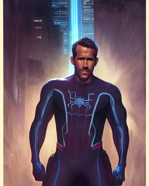 Image similar to ryan reynolds as a black and blue suit spider - man, cinematic, volumetric lighting, f 8 aperture, cinematic eastman 5 3 8 4 film, photorealistic by greg rutkowski, by stanley artgerm, by alphonse mucha