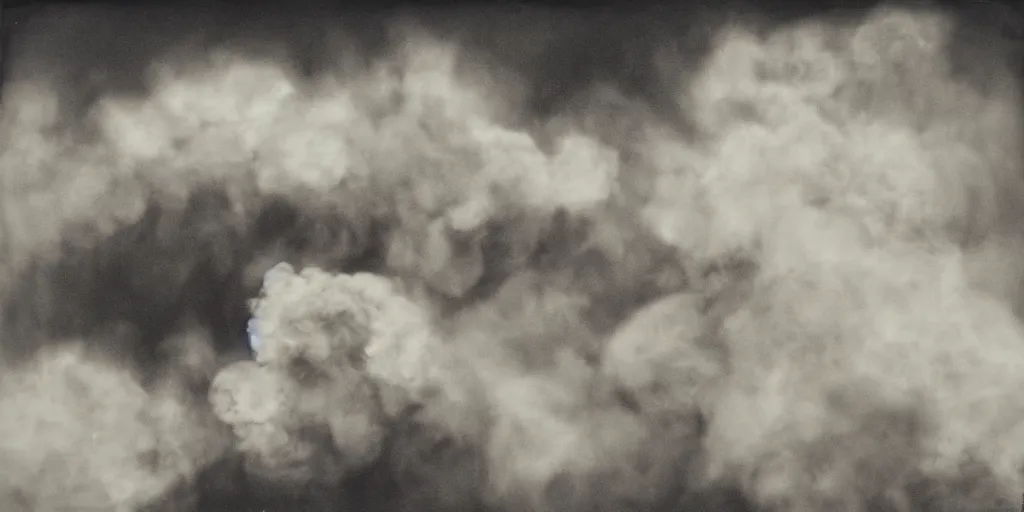 Image similar to large explosions clouds of smoke fireballs, aerial view tintype photograph