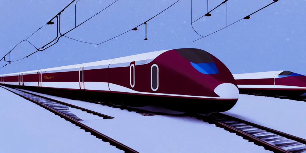 Image similar to A supersonic maglev train in North Pole riding though snow, cold, snowy, art by James Gilleard, James Gilleard artwork, gorgeous lighting, eurostar, maroon and blue accents, 8k, high detail