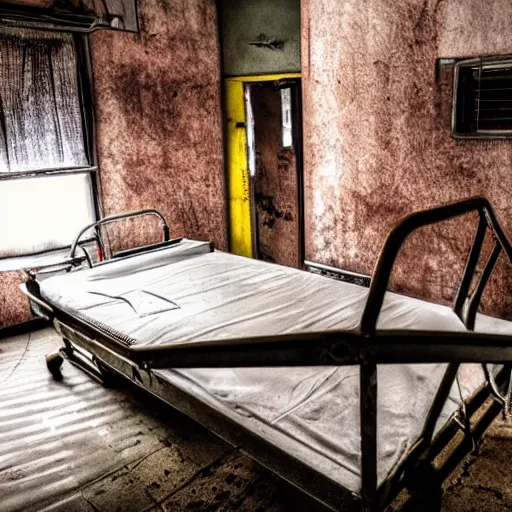 Prompt: photo of a monster strapped to a rusty old hospital bed in an abandoned hospital, real life photography, horror, biological photo, fullbody, dynamic lighting, beautiful, scary
