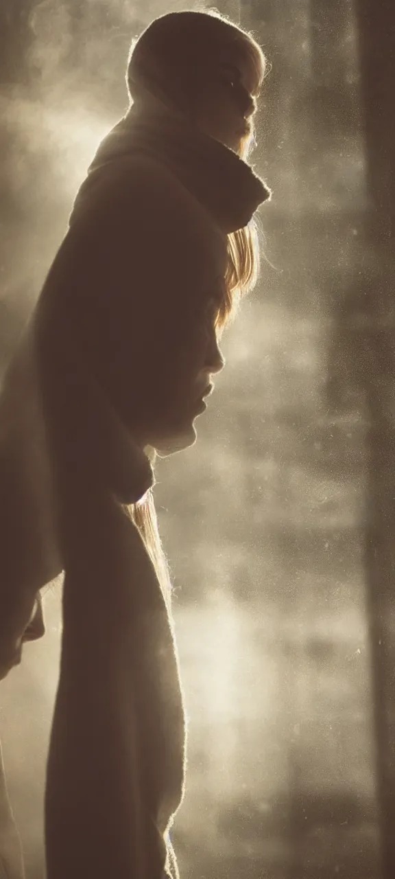 Image similar to very very beautiful photograph of emily skinner looking like annie leonhart in a hoodie standing next to a window god rays shining on her from the sunlight, volumetric fog, smoke, depth of field, beautiful composition, very very very beautifull face, on artstation and instagram