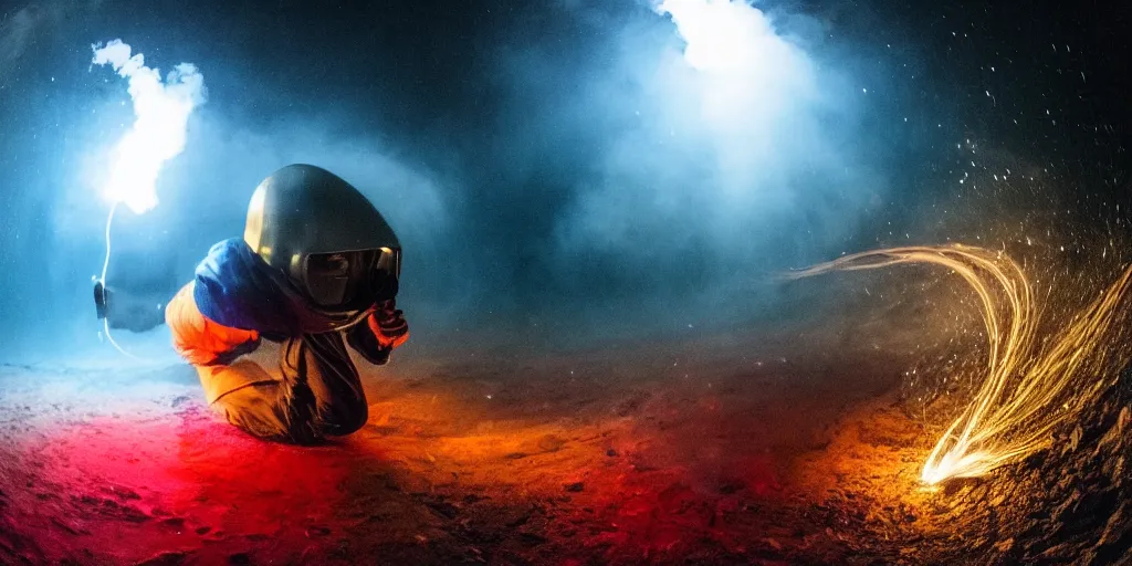 Image similar to fisheye slow motion with trail fire effect of futuristic break dancer wearing long dark cloak and golden helmet emitting red and blue fire, long exposure shot , enigmatic, at night underwater in the middle of the arctic with red light A letter, paddle of water, steam, fog, water splashes, rim lights, glossy reflections, raining, water droplets on lens, octane render, Volumetric dynamic lighting, stunning cover magazine, high details, hajime sorayama