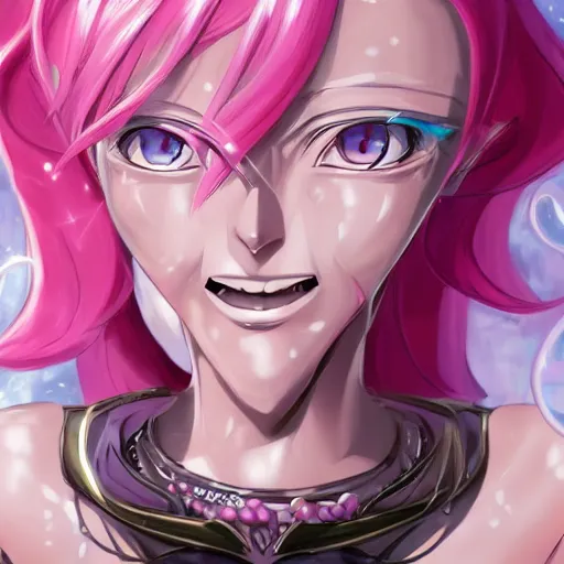 Prompt: stunningly beautiful omnipotent megalomaniacal anime goddess with porcelain skin, pink hair and mesmerizing cyan eyes, symmetrical perfect face smiling in a mischievous, devious and haughty way while looking down upon the viewer, mid view, hyperdetailed, 2 d, 8 k