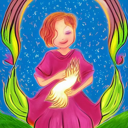 Prompt: a childrens book illustration about a faithful phoenix for a story that reads : from the ashes, she is born anew, to live and love and play once more. with each sunrise, she starts afresh, for life is nothing if not a game., ( playing ), digital art