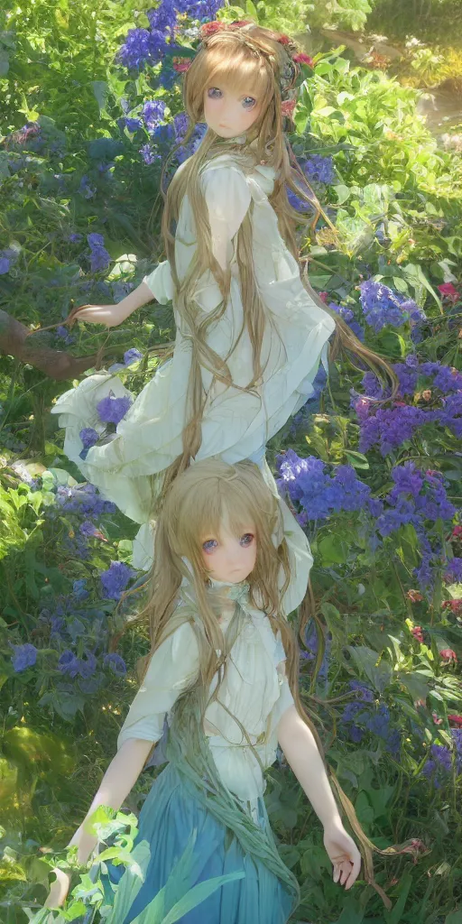 Image similar to a digital art of a loli with long hair in a dress in the privet garden at after noon, green and warm theme, blue flowers accents, back lighting, by krenz cushart and mucha and akihito yoshida and greg rutkowski, highly detailed, 4 k resolution, trending on art station