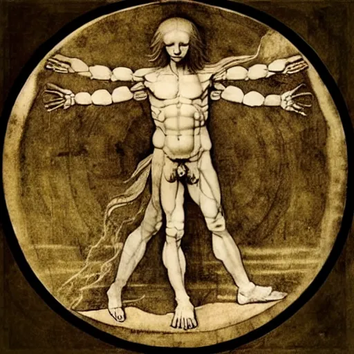 Image similar to the vitruvian alien, by leonardo da vinci