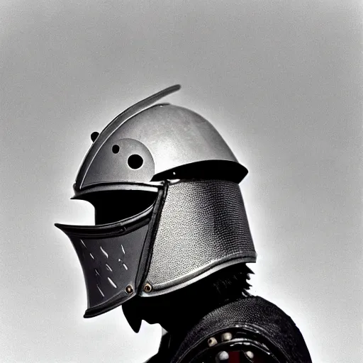 Image similar to a knight wearing a frog helmet, film still, arriflex 3 5