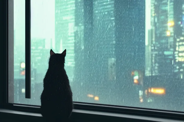 Image similar to A cat sitting on a window watching the view of a cyberpunk city, 24mm, 8k, octane render, beautiful, peaceful, cyberpunk, moody, raining, rain, super detailed, dof, volumetric lighting, rtx, raytracing