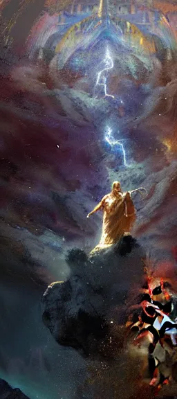 Prompt: the celestial being holds a burden of darkness above him, but beneath his feet is a land of peace | epic painting by craig mullins