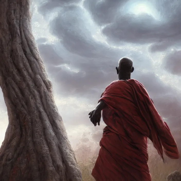 Image similar to a painting of a wise elder from Africa . dramatic angle, ethereal lights, details, smooth, sharp focus, illustration, realistic, cinematic, artstation, award winning, rgb , unreal engine, octane render, cinematic light, macro, depth of field, blur, red light and clouds from the back, highly detailed epic cinematic concept art CG render made in Maya, Blender and Photoshop, octane render, excellent composition, dynamic dramatic cinematic lighting, aesthetic, very inspirational, arthouse.