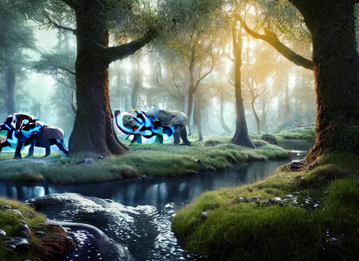 Prompt: hyperrealism, detailed textures, photorealistic, 3 d render, a surreal mystical forest with a bright blue winding creek with a herd of wooly mammoths grazing, ultra realistic cinematic, intricate, cinematic light, concept art, illustration, art station, unreal engine