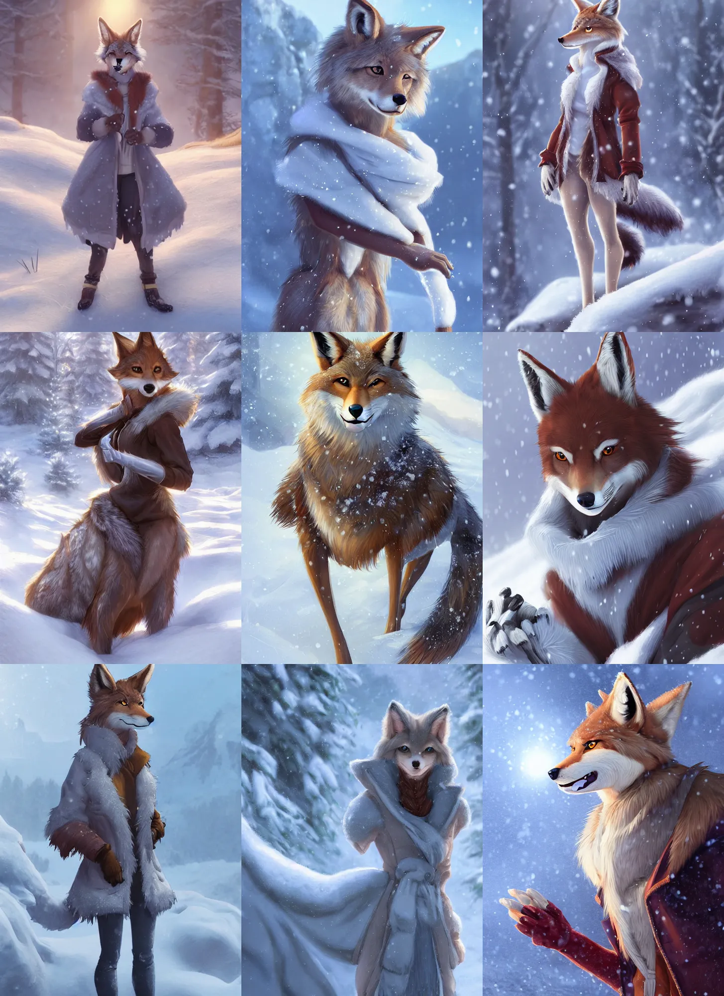 Prompt: beautiful portrait of a female anthropomorphic coyote fursona wearing a snow coat in the snowy mountains. gloves. character design by charlie bowater, ross tran, artgerm, and makoto shinkai, detailed, soft lighting, rendered in octane