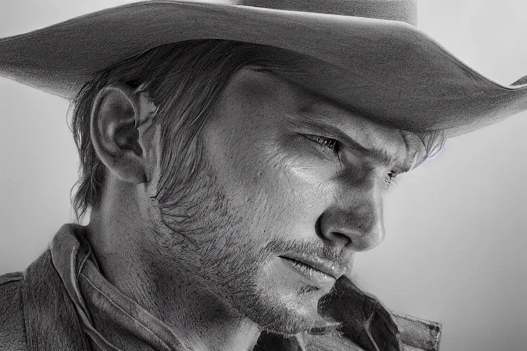 Prompt: hyperrealist pencil sketch of a cowboy by david malan, fantasy art, drawing, dynamic lighting, artstation, poster, volumetric lighting, very detailed faces, 4 k, award winning