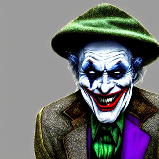 Image similar to the joker as an old druid wizard, bald, bushy grey eyebrows, long grey hair, disheveled, wise old man, wearing a grey wizard hat, wearing a purple detailed coat, a bushy grey beard, sorcerer, he is a mad old man, laughing and yelling