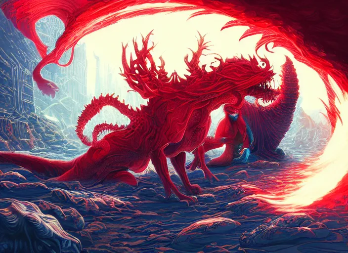 Image similar to couple, woman loves demon, sit upon a scarlet coloured beast, pain, light effect, hyper detailed, intricate, elegant, highly detailed, digital painting, artstation, concept art, matte, sharp focus, illustration, by dan mumford, yusuke murata, makoto shinkai, ross tran