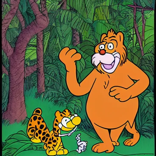 Image similar to Garfield and odie in the jungle, by Jim Davis