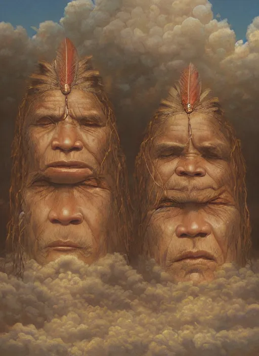 Image similar to faces of old indigenous people embedded made of clouds in the sky, art by christophe vacher