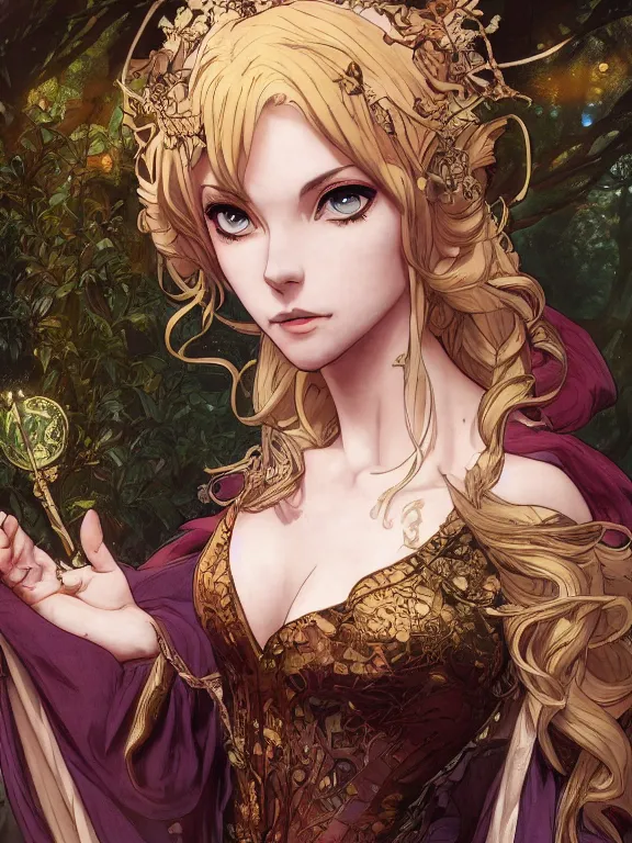 Image similar to anime key visual closeup of amora the enchantress wearing a medieval gown!! intricate, magical forest, stunning, highly detailed, digital painting, artstation, smooth, hard focus, illustration, art by artgerm and greg rutkowski and alphonse mucha