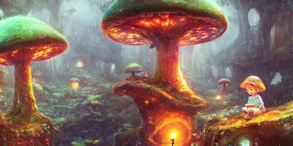 Prompt: ”cute child reading a book, giant mushroom houses in a mysterious fantasy forest, [bioluminescense, rope bridges, art by wlop and paul lehr, cinematic, colorful]”
