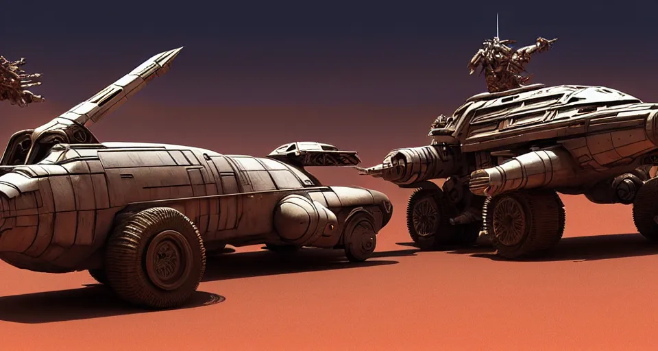 Prompt: highly detailed cinematic syd mead scifi render of 3 d sculpt of fury road spaceship, sparth, scott robertson, guardians of the galaxy, star wars, maschinen krieger, raphael lecoste, no wheels