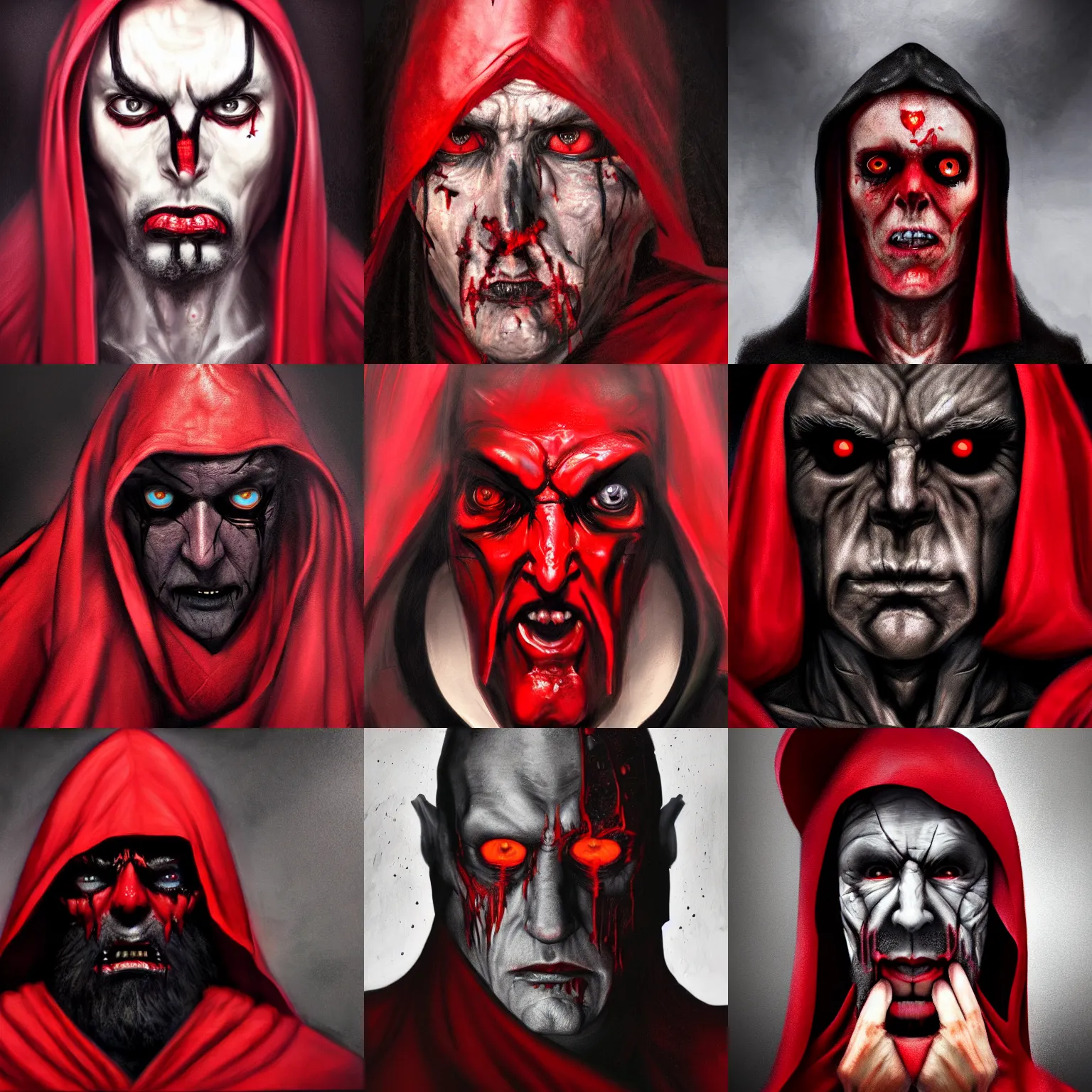 Prompt: portrait of rotten human dark lord, red robes, black eyes, facial symbols, octave render, hyper realism, masterpiece, HDR, concept painting with detailed face, high quality