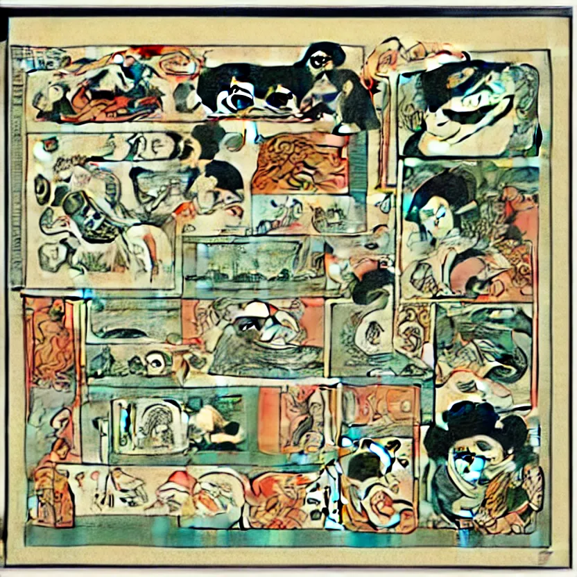 Image similar to business dashboard with time series charts, pie plots and other modern graphics, with small creatures with many eyes. diego rivera ( with slight ukiyo - e influence ). ravi supa.