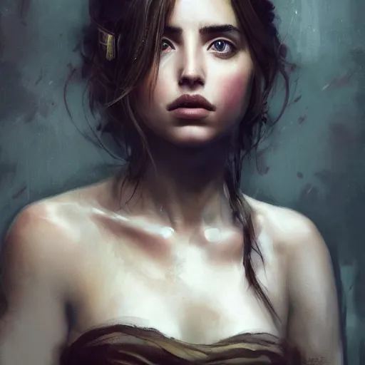 Image similar to portrait of beautiful happy young ana de armas, full body shot, ethereal, half life 2, dishonored 2, painted by greg rutkowski,