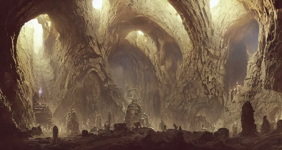 Prompt: looking up an ancient subterranean complex in middle - earth, comprising a vast labyrinthine network of tunnels, chambers, mines and halls, intricate, vivid colors, elegant, highly detailed, john park, frazetta, john howe, ruan jia, jeffrey catherine jones