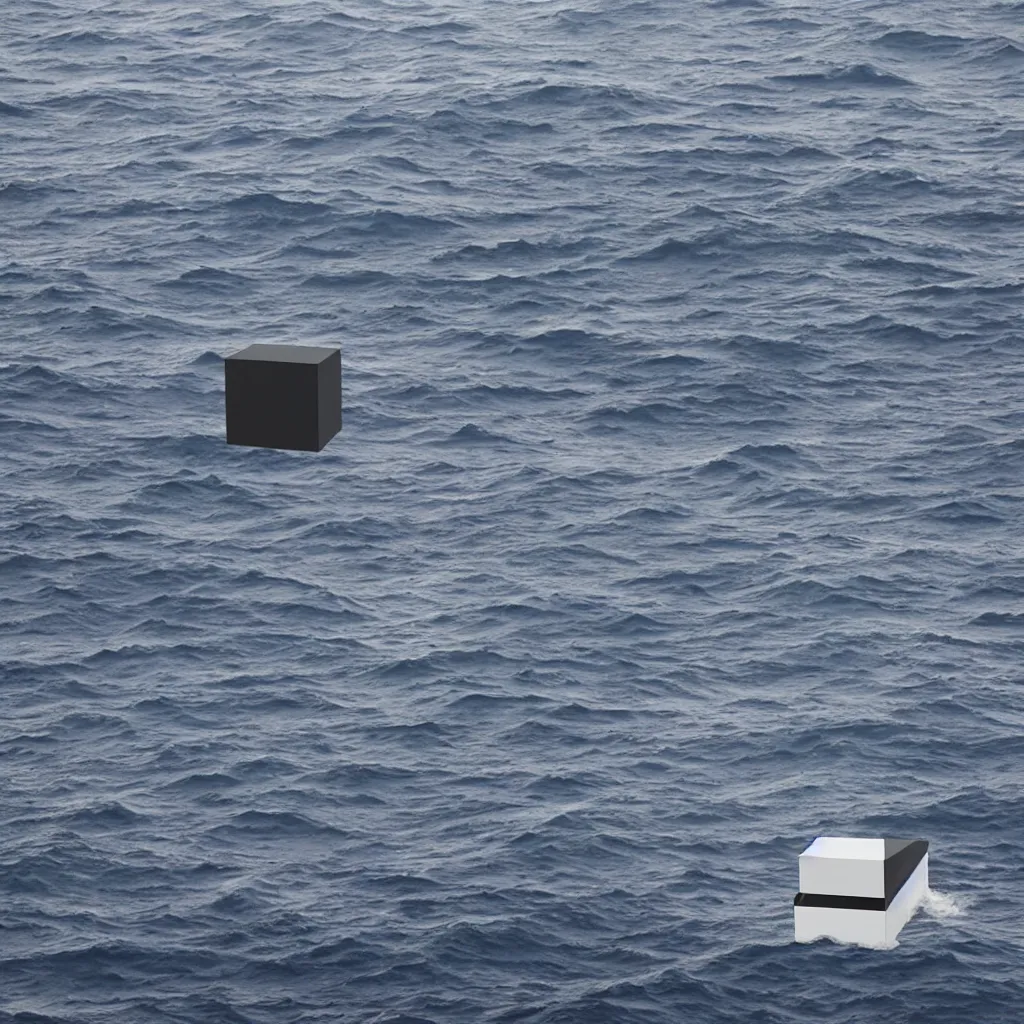 Prompt: a cube in the middle of the sea with images of a tumultuous sea on its sides. In the style of Richard Serra