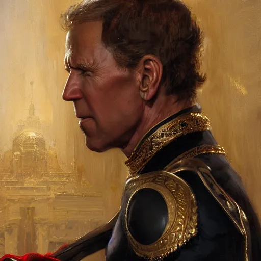 Image similar to detailed realistic cinematic wide shot of beautiful attractive muscular joe biden as roman empreror gold chain wearing royal red clothes slim face symettrical face clean skin black eyes black robe smooth, sharp focus, ultra realistic, spring light, painting by gaston bussiere, craig mullins, j. c. leyendecker