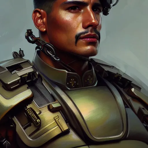 Image similar to ultra realistic illustration, a mexican male cyborg soldier, intricate, elegant, highly detailed, digital painting, artstation, concept art, smooth, sharp focus, illustration, art by artgerm and greg rutkowski and alphonse mucha