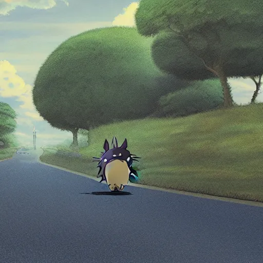 Image similar to photo of my neighbor Totoro walking down the street, realistic, high detail, beautiful lighting, 8k,