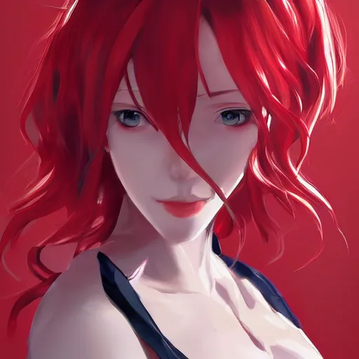 Image similar to kurisu makise, elegant, ultra highly detailed, digital painting, smooth, sharp focus, artstation, top-down shot, red background, art by Ina Wong