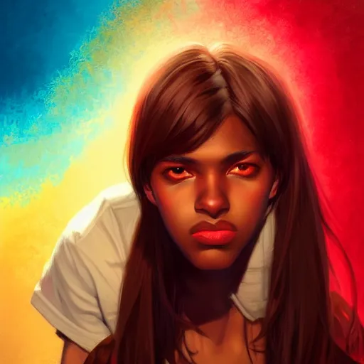 Image similar to colorful and festive captivating teenager with straight brown hair covering his eye, dark skin, big lips, big eyes, wearing a red t - shirt. rich vivid colors, ambient lighting, dynamic lighting, 4 k, atmospheric lighting, painted, intricate, highly detailed by charlie bowater