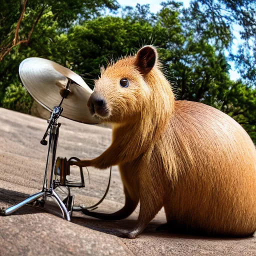 Image similar to high resolution photo of a capybara playing a jazz drum set, wide angle, 2 8 mm