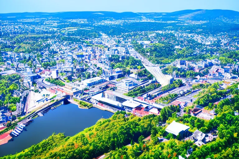 Image similar to bird's eye view photography of a small city. town hall, central farm, monorail station, beach and shipping dock. hills, woods and lake to the north.