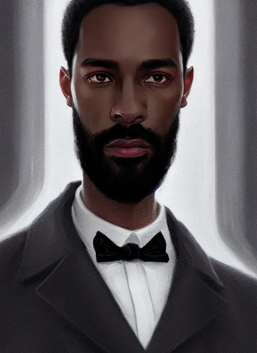 Image similar to portrait of handsome black man wearing grey peacoat, luxury townhome interior, beard, wealth and luxury, elegant atmosphere, glowing lights, highly detailed, digital painting, artstation, concept art, smooth, sharp focus, illustration, art by wlop, mars ravelo and greg rutkowski