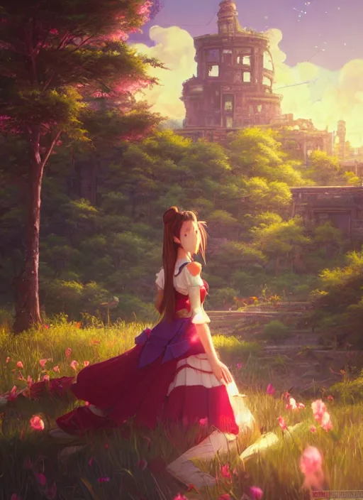 Image similar to beautiful portrait of aerith from final fantasy dahyun from twice the painterly style of wlop, artgerm, yasutomo oka, yuumei, rendered in octane render, surrounded by epic ruins landscape by simon stalenhag, dynamic soft dramatic lighting, imagine fx, artstation, cgsociety, by bandai namco artist,