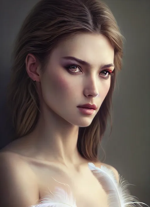 Image similar to a gorgeous female photo, professionally retouched, soft lighting, wearing a feather dress, realistic, smooth face, perfect eyes, wide angle, sharp focus on eyes, 8 k high definition, insanely detailed, intricate, elegant, art by artgerm and greg rutkowski and mark hill