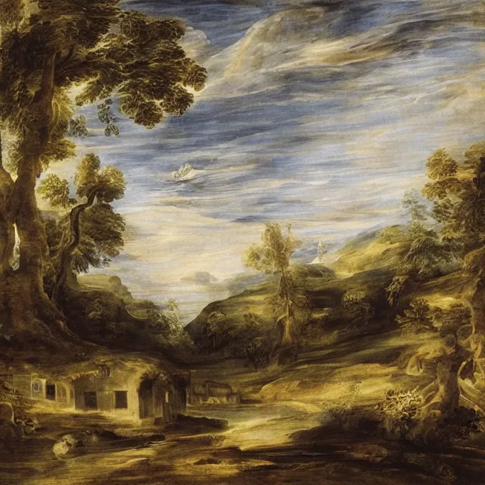 Prompt: a building in a serene landscape, by rubens