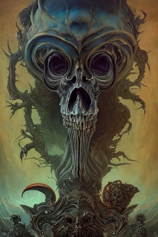 Image similar to evil gigantic alien skull lord of death, fantasy painting, ultra realistic, wide angle, art nouveau, intricate details, rainbowshift, vivid colors, highly detailed by peter mohrbacher, h. r. giger, maxfield parrish, aaron horkey, gaston bussiere, craig mullins