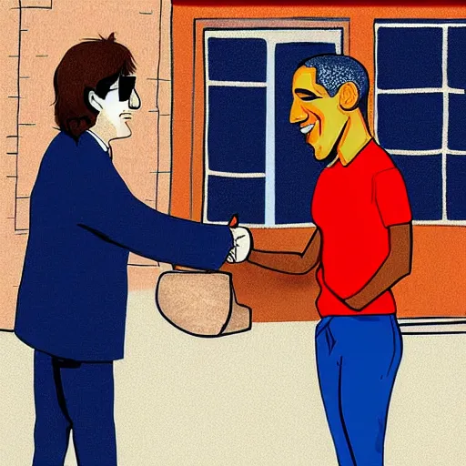 Image similar to john lennon shakes hand with obama outside quaint cafe in the city, cartoon style digital art