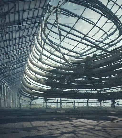 Prompt: hemp ropes in cyberpunk structure, former gasometer in rome, white sheets, trending on artstation, behance, octane render, award winning, archviz, matte painting, epic