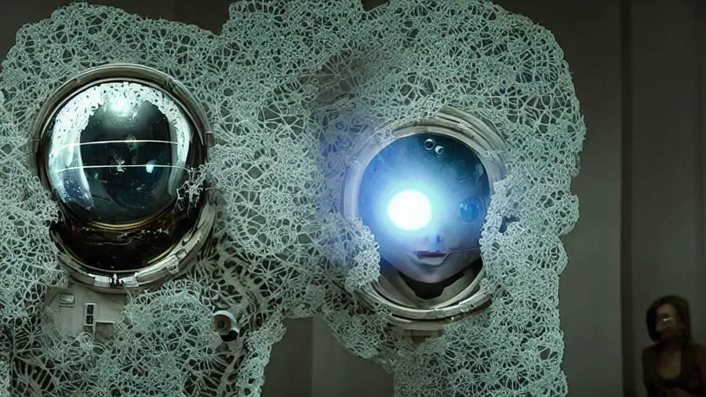 Image similar to a single astronaut eva suit made of diamond 3d fractal lace iridescent bubble 3d skin and covered with insectoid compound eye camera lenses floats through the living room, film still from the movie directed by Denis Villeneuve with art direction by Salvador Dalí, wide lens,