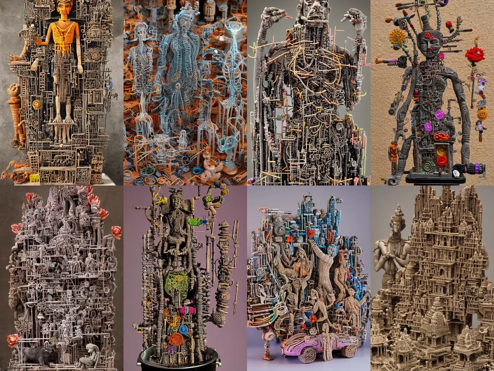 Prompt: at Khajuraho, godes, mdae from matchsticks Shiva, veins, vibrant, xray, flat shaped chrome relief, fossil, MINIATURE CITY, mechanic bionic fungus flower cyberpunk cat mechabot, by david lachapelle, maze, tubes, joints, buttons, gears, relief by Goga Tandashvili, by jonas burgert