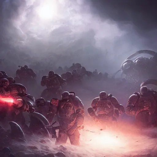 Image similar to a group of space marines battling against an eldritch abomination, high detail, soft light, warhammer, cinematic, high resolution, concept art, dark atmosphere, fog, trending, stunning shot
