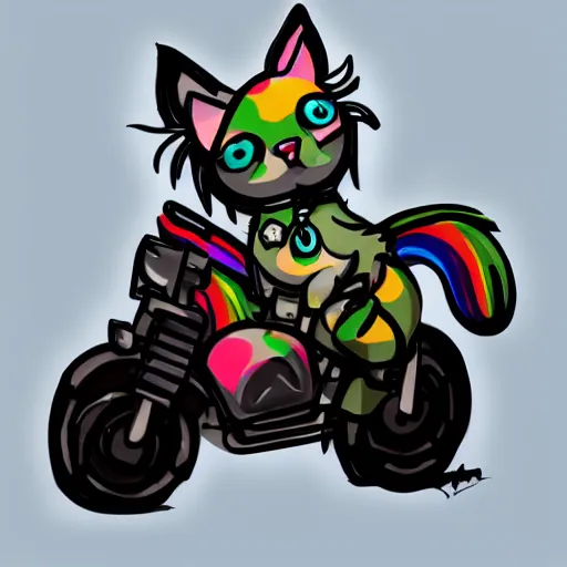 Image similar to wide angle full body, of a fluffy cute rainbow kitten wearing a black motorcycle jacket, concept art