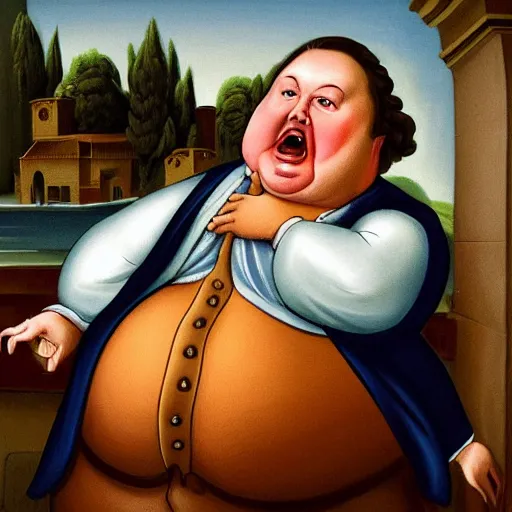 Image similar to fat politician with big stomch is draining souls of innocent peoples in baroque style